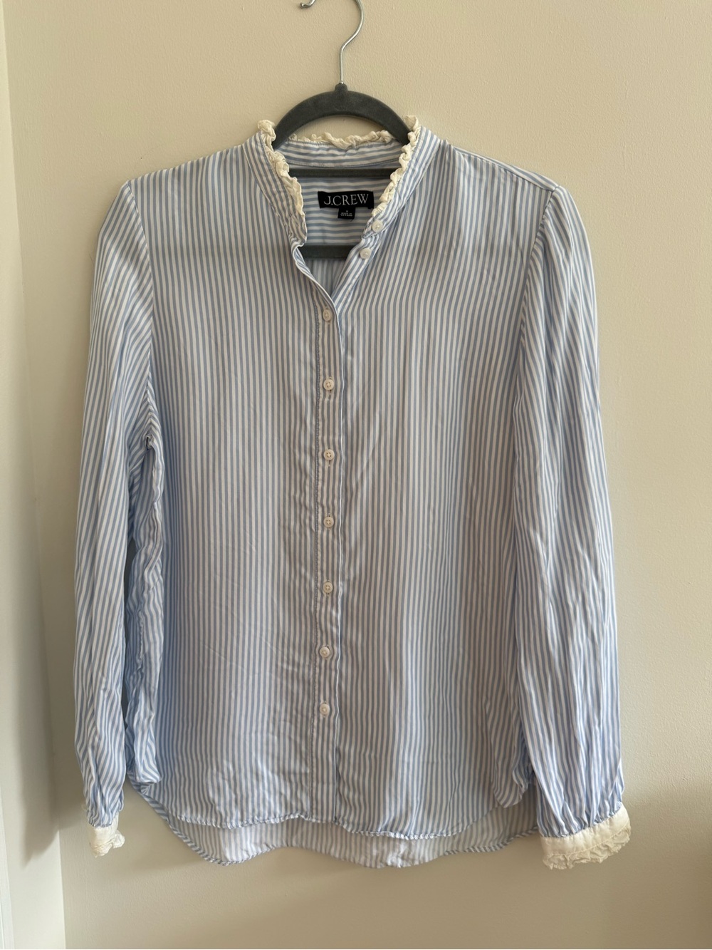 J. Crew Blue and White Striped Ruffle Collar Button-Down Shirt